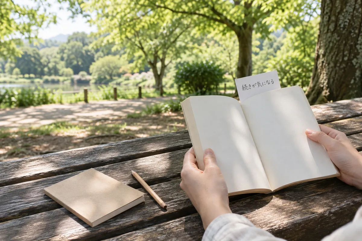 初夏の公園のベンチで小説を読む手元