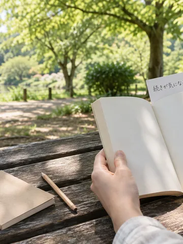 初夏の公園のベンチで小説を読む手元