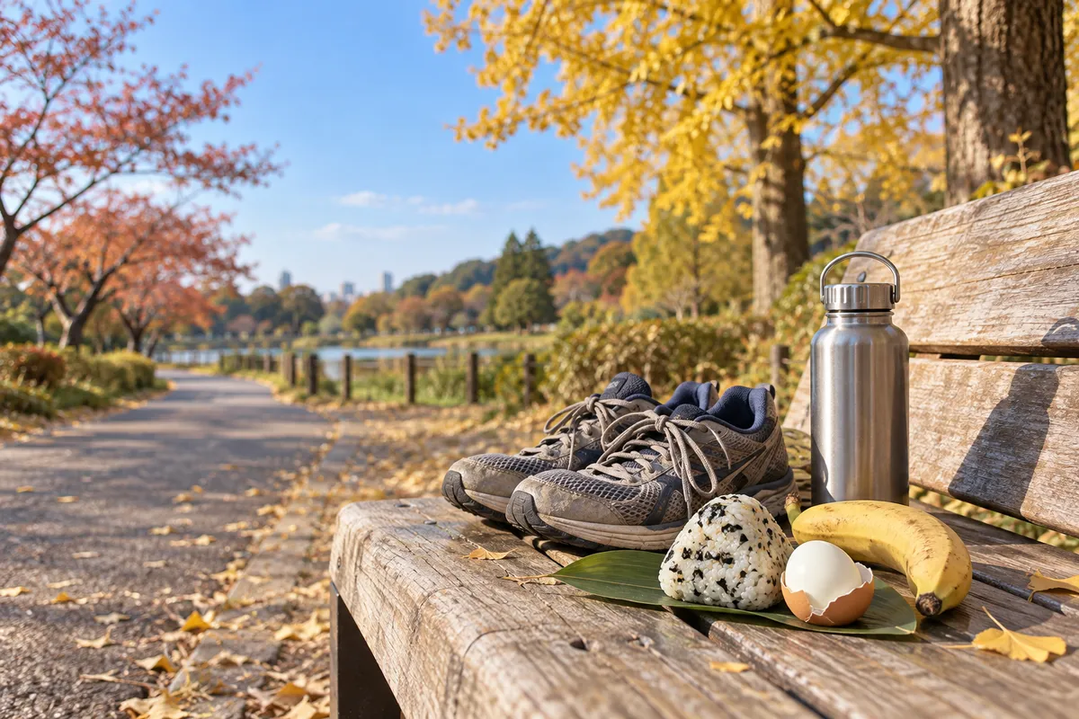 運動前の軽食とランニングシューズが置かれた公園のベンチ