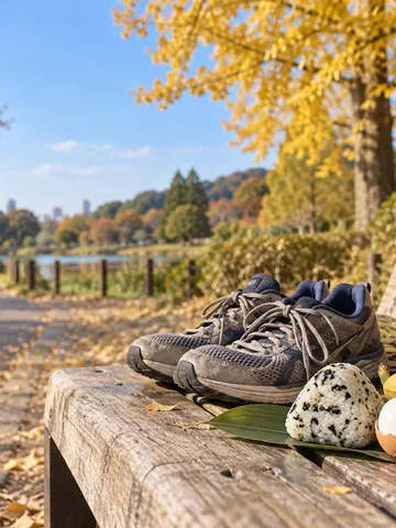 運動前の軽食とランニングシューズが置かれた公園のベンチ