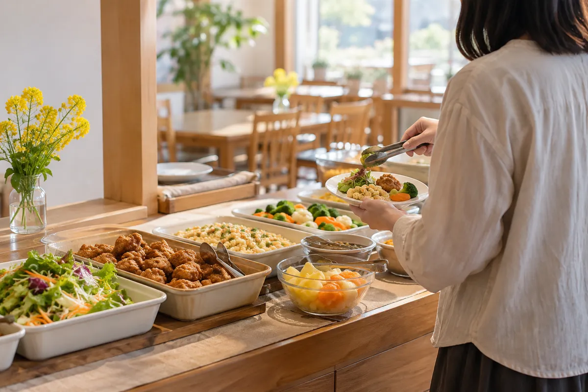 食べ放題の台に並ぶ多彩な料理と、皿に取る手元