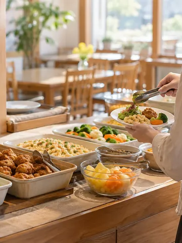 食べ放題の台に並ぶ多彩な料理と、皿に取る手元