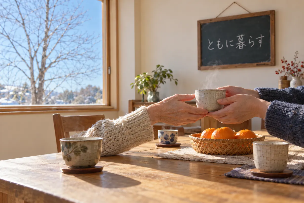 冬の日差しの共有食卓にみかんと湯のみ、「ともに暮らす」の札