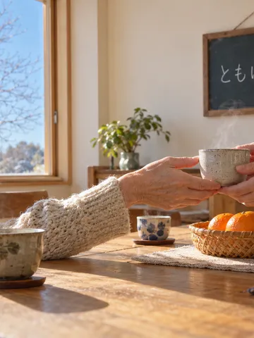 冬の日差しの共有食卓にみかんと湯のみ、「ともに暮らす」の札