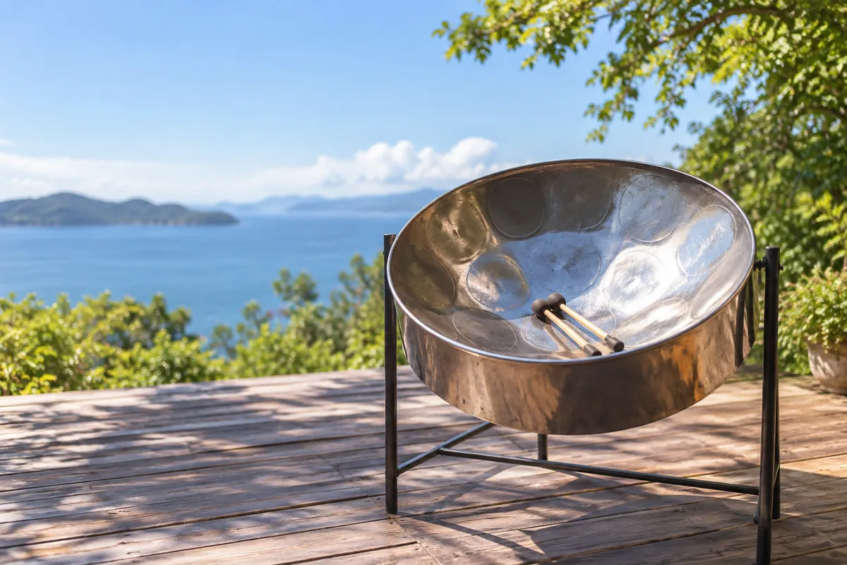 夏の日差しの下に置かれたスティールパンとバチ