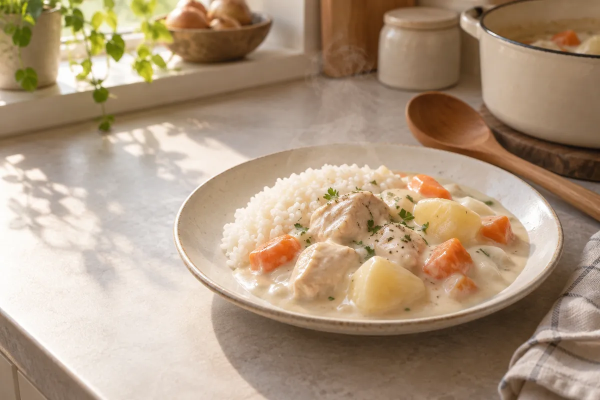 ごはんにシチューをかけた皿と鍋