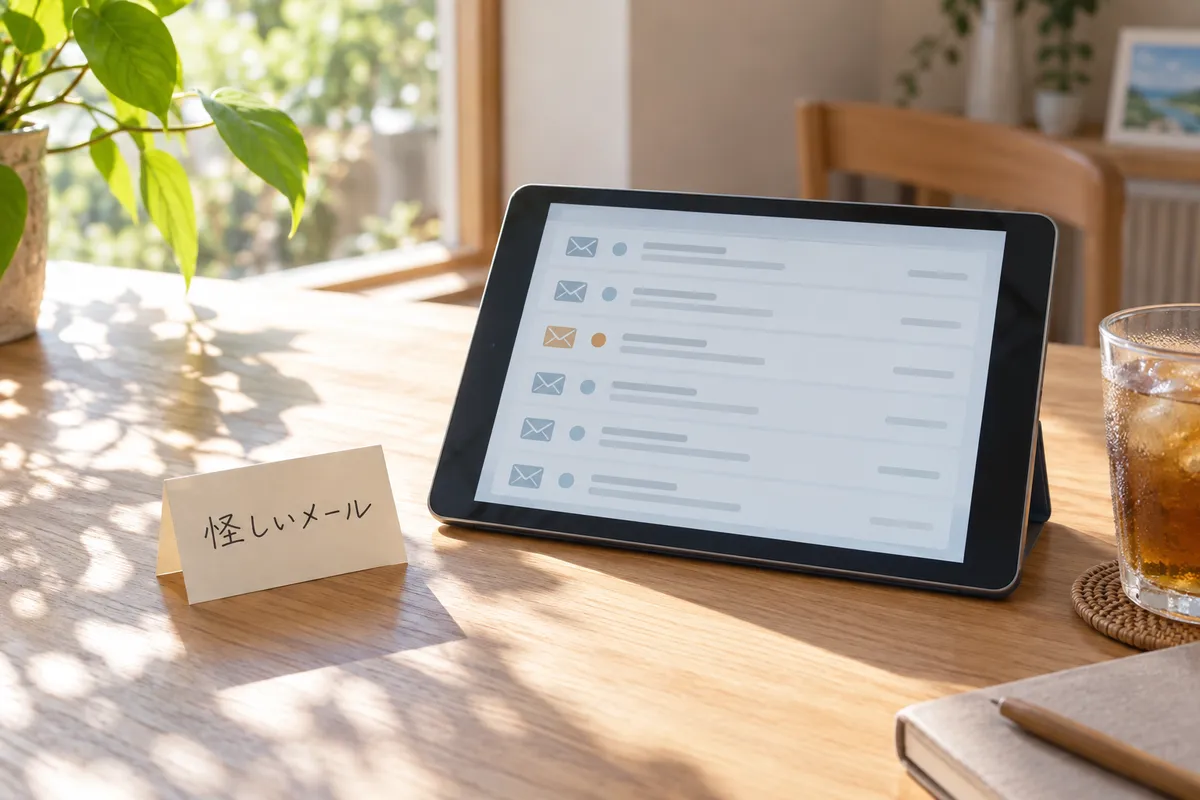 届いたメール画面のタブレットと「怪しいメール」のメモ