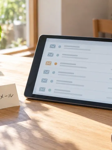 届いたメール画面のタブレットと「怪しいメール」のメモ