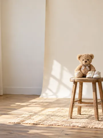 背景布の前の椅子に座るくまのぬいぐるみ
