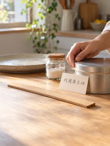 缶にひもを巻いて円周を測る手元と、円周率と書いたメモ