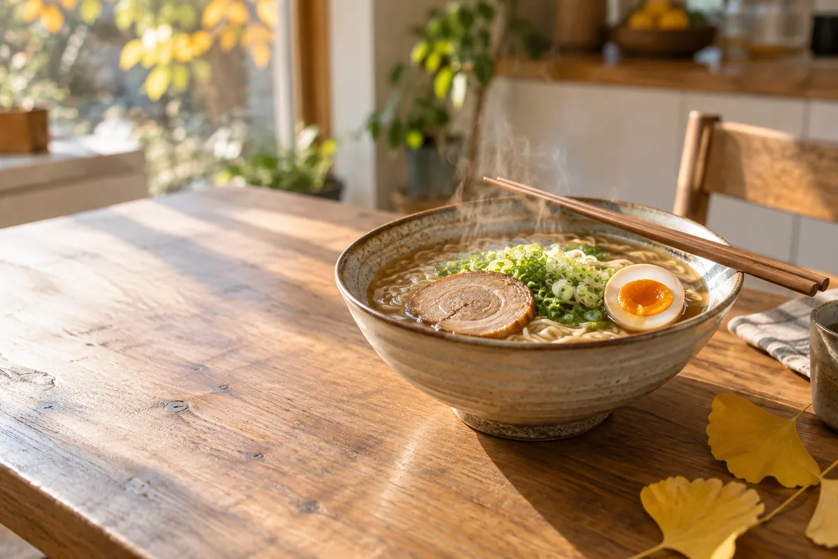 湯気の立つラーメンの器と箸、秋の台所