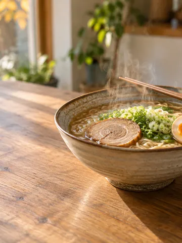 湯気の立つラーメンの器と箸、秋の台所