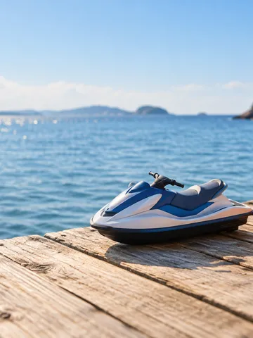 桟橋に置かれた水上バイクの模型とライフジャケット