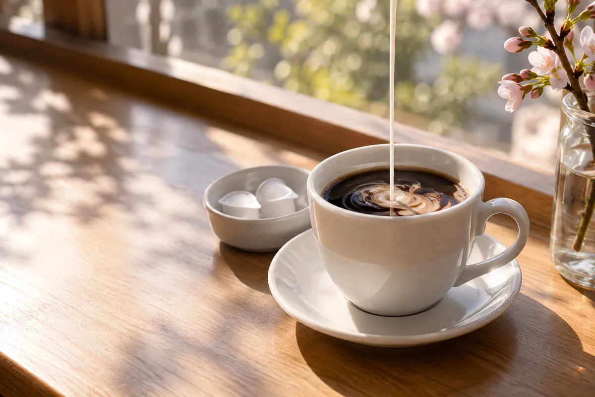 カフェのカウンターでコーヒーにクリームを注ぐ場面