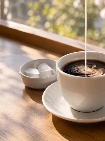 カフェのカウンターでコーヒーにクリームを注ぐ場面