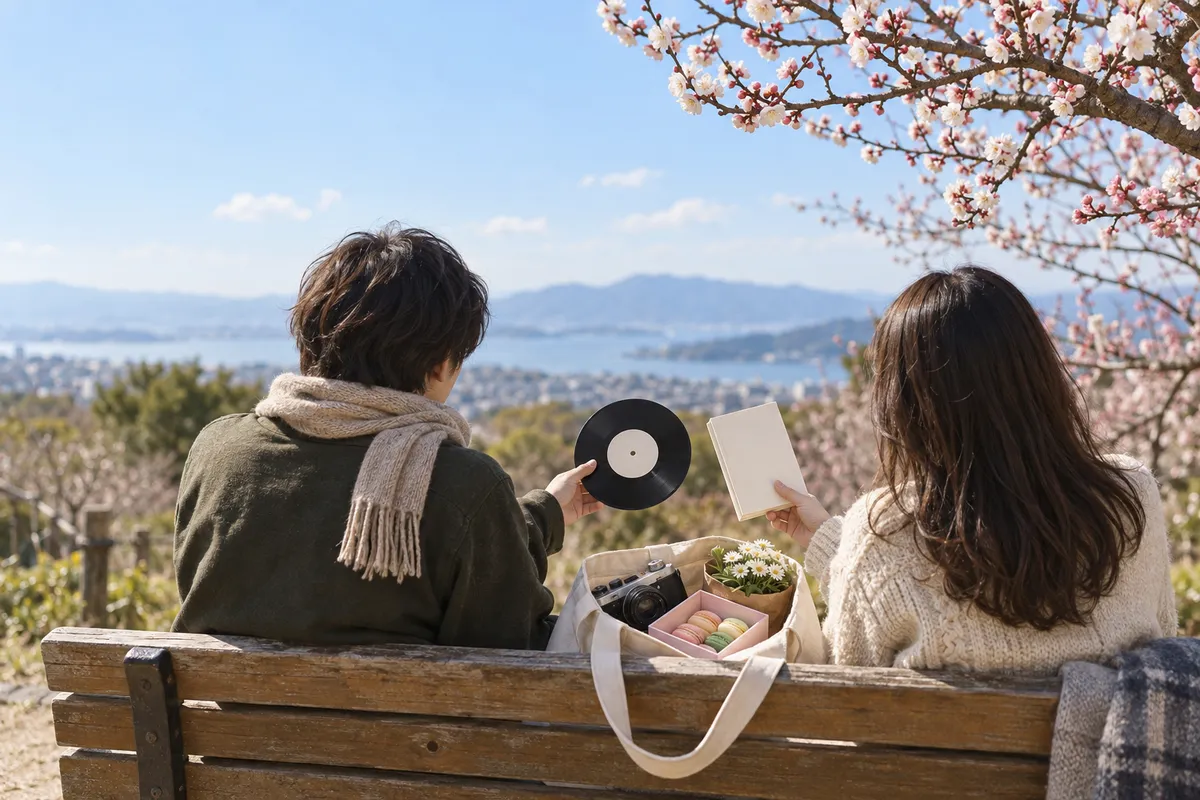 梅の木の下のベンチで好きなものを見せ合う二人の手元