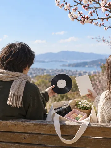 梅の木の下のベンチで好きなものを見せ合う二人の手元