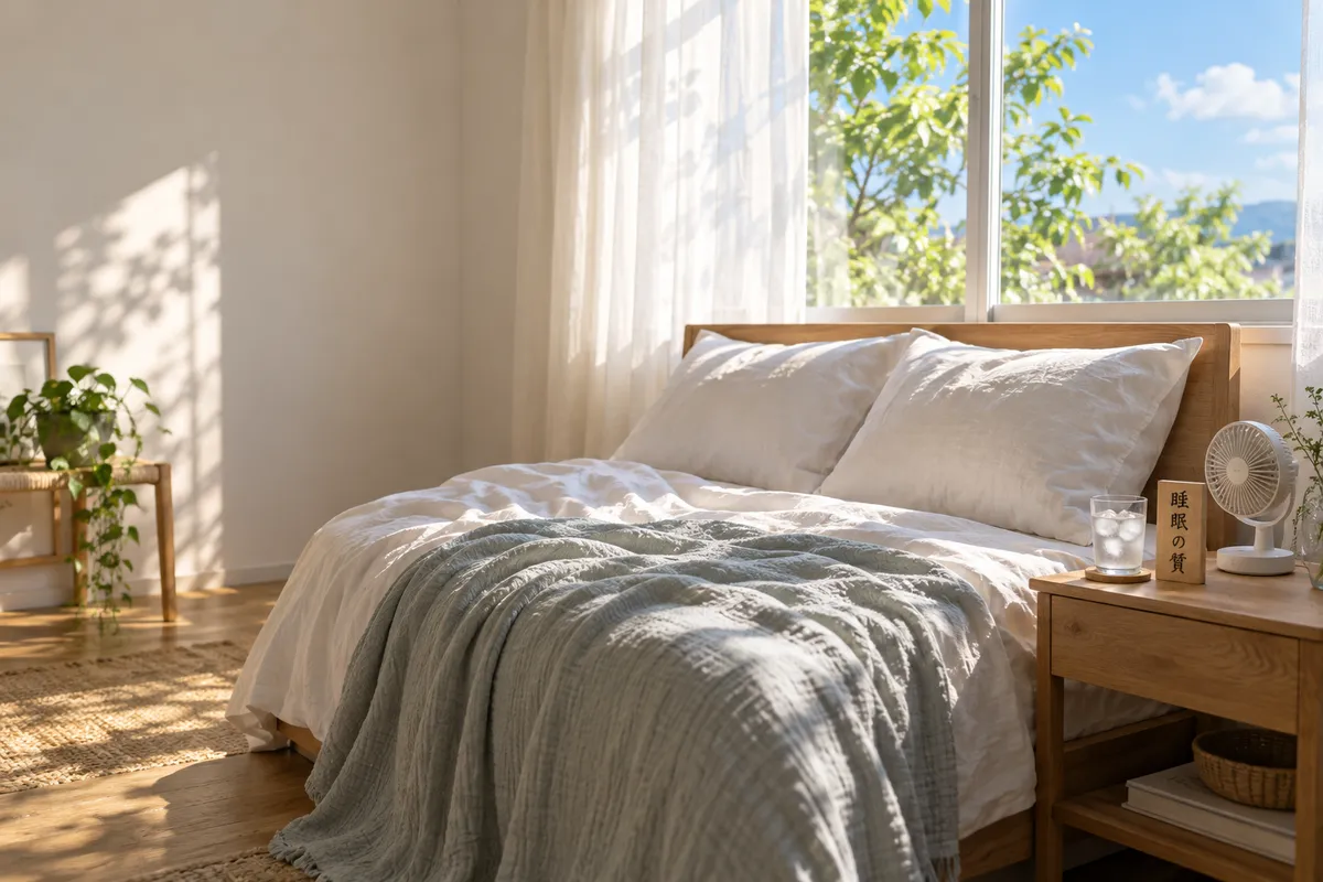 夏の明るい寝室のベッドと「睡眠の質」の木札