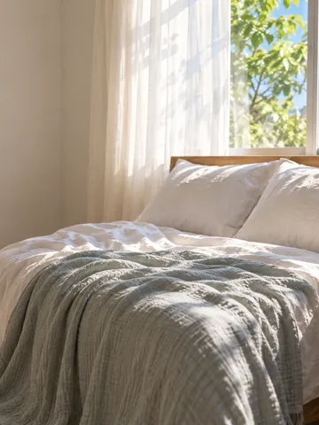 夏の明るい寝室のベッドと「睡眠の質」の木札