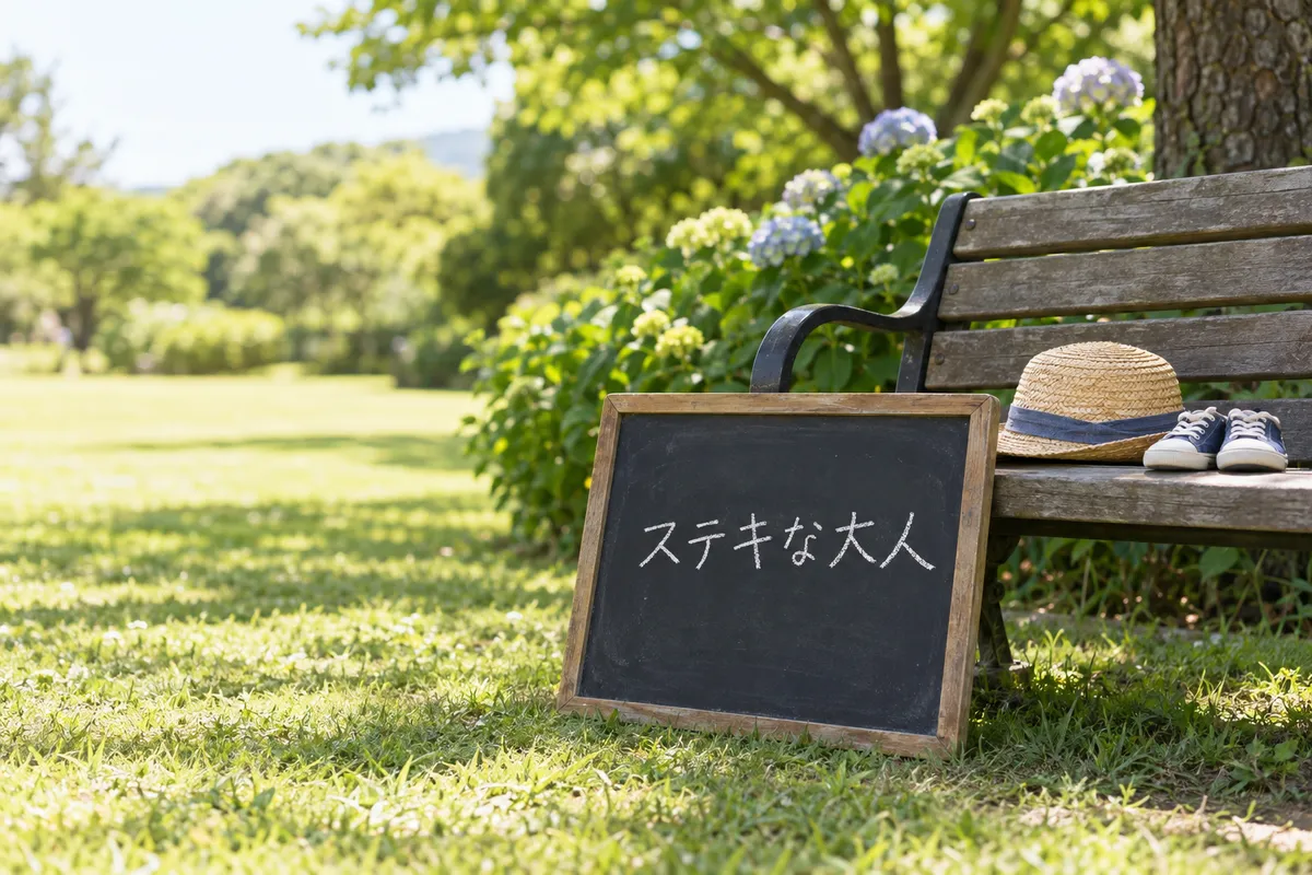 公園のベンチに立てかけた「ステキな大人」の黒板