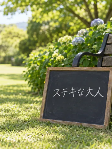 公園のベンチに立てかけた「ステキな大人」の黒板