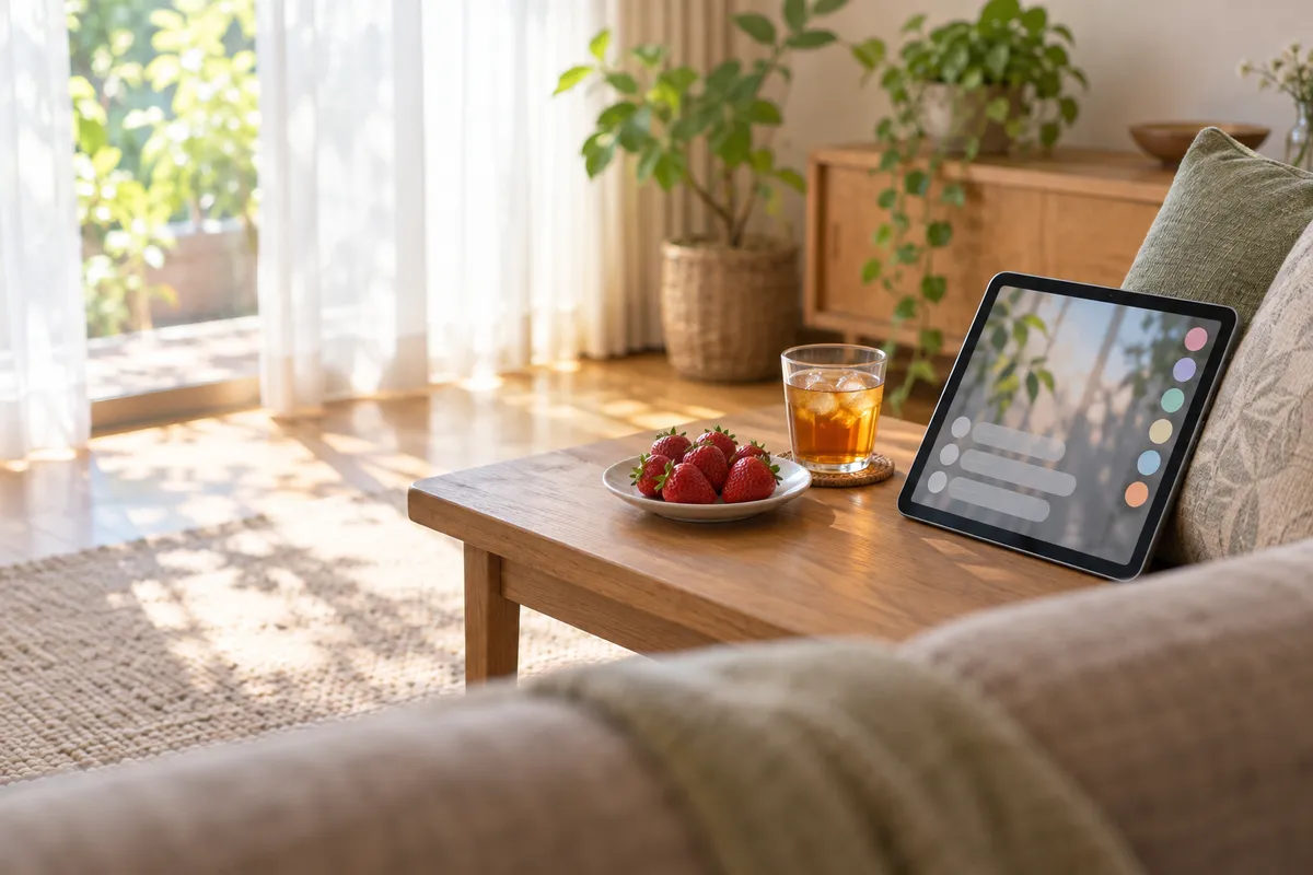 配信画面のタブレットと6粒のいちご