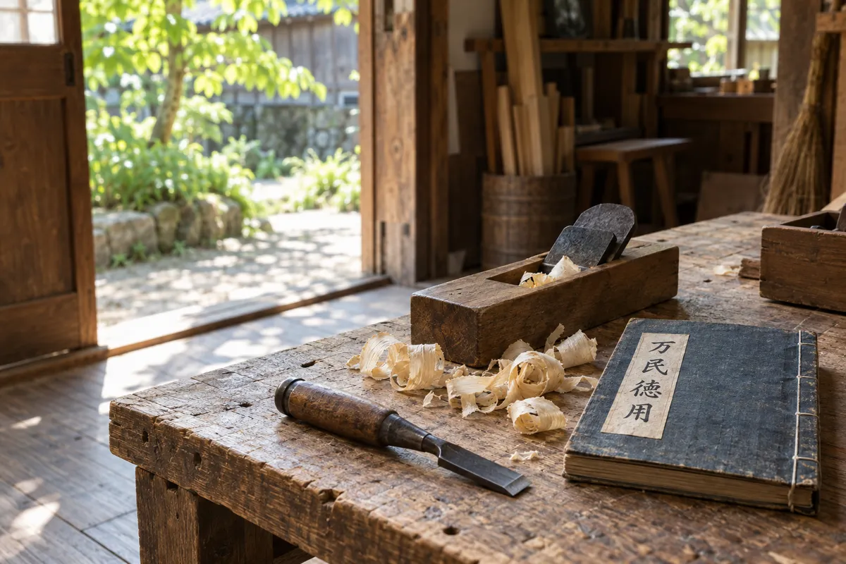 作業場の台に置かれた和綴じの本と木工道具