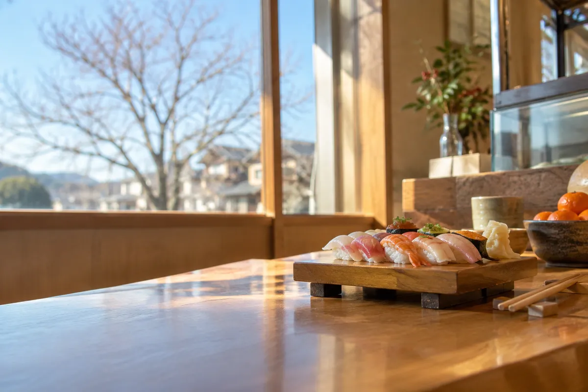 日なたの店先に並ぶそろった形の握り寿司