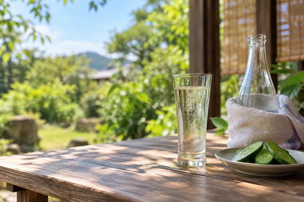 縁側の卓上に置かれた、泡の立つ細身の冷酒グラス