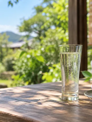 縁側の卓上に置かれた、泡の立つ細身の冷酒グラス