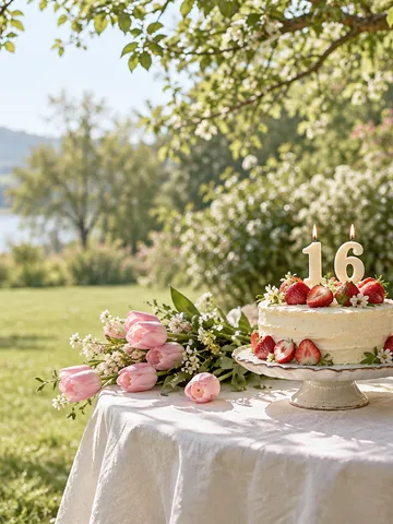 芝生の庭で16の数字キャンドルを立てたケーキ