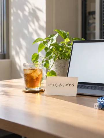 感謝のカードと麦茶が置かれた明るい事務机