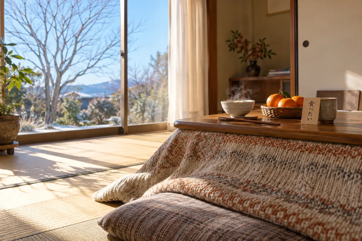 こたつの上の温かいお粥とみかん、「食べたい」の木札