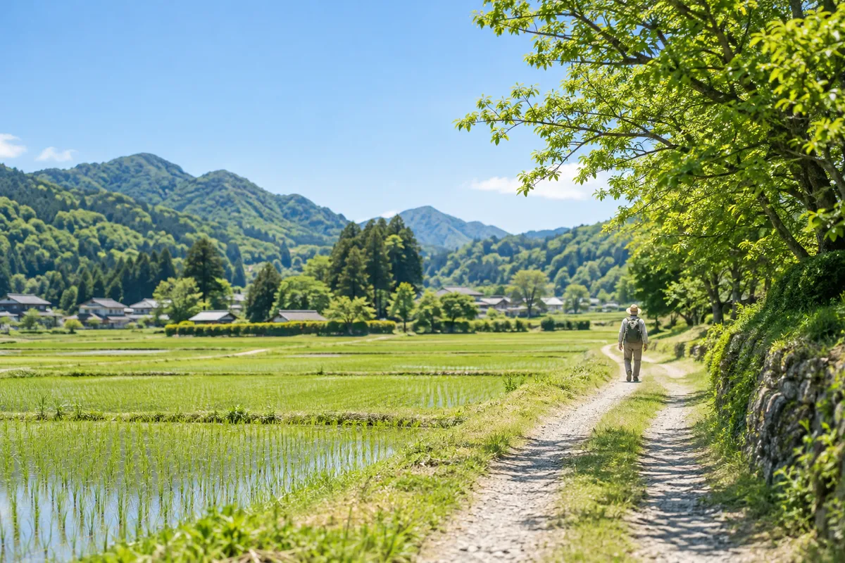 新緑の田んぼ道を歩く旅人の後ろ姿
