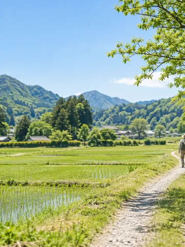 新緑の田んぼ道を歩く旅人の後ろ姿