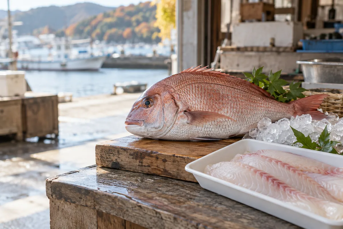 魚屋の店先に並ぶ真鯛と切り身