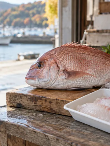 魚屋の店先に並ぶ真鯛と切り身