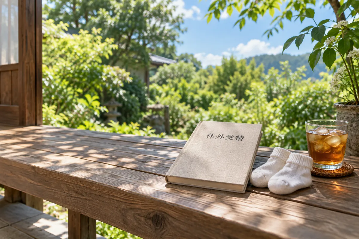 夏の庭のベンチに置かれた「体外受精」の本と赤ちゃんの靴下