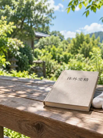 夏の庭のベンチに置かれた「体外受精」の本と赤ちゃんの靴下