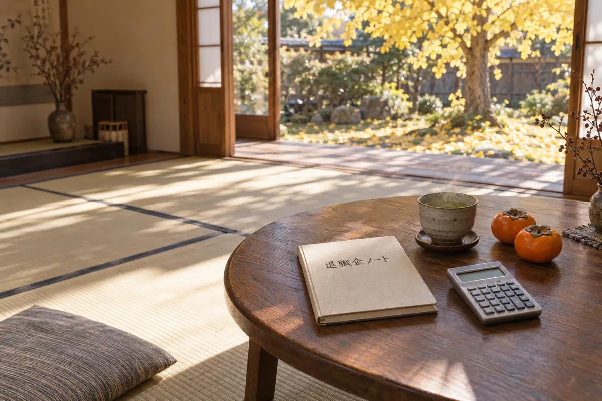 日なたの居間の卓に置かれた「退職金ノート」とお茶と柿