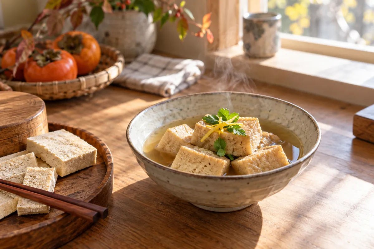 だしで煮含めた高野豆腐の器と乾燥した高野豆腐