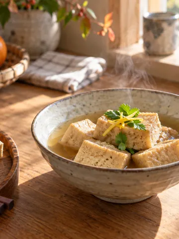 だしで煮含めた高野豆腐の器と乾燥した高野豆腐