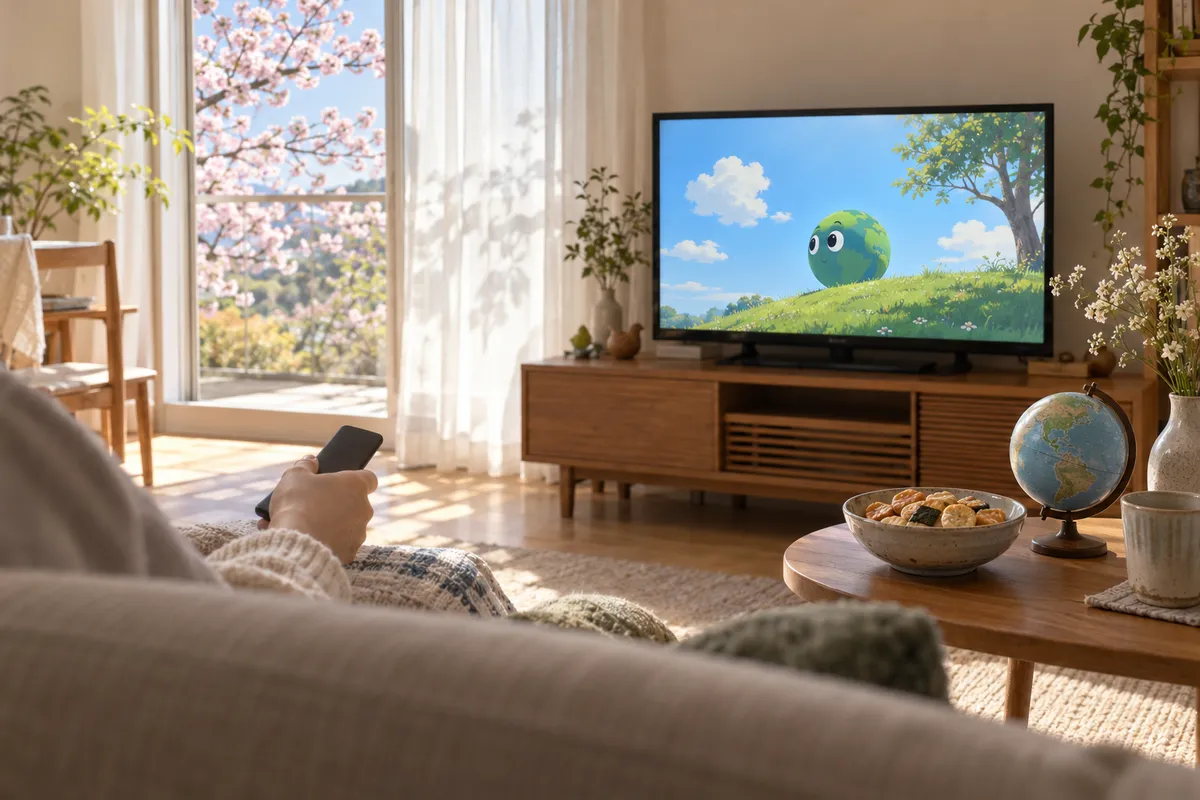 桜の見える居間で、テレビに架空のアニメが映る