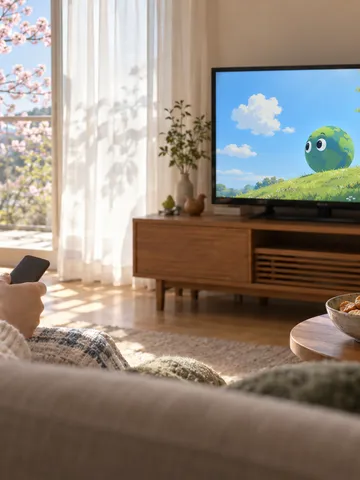 桜の見える居間で、テレビに架空のアニメが映る