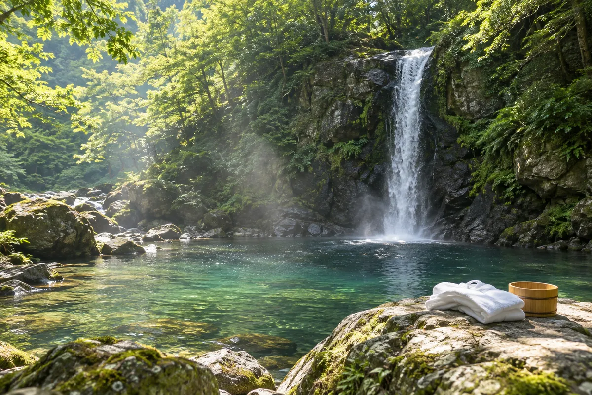 夏の森の滝と岩の上に置かれた白い行衣