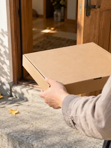 玄関先で宅配ピザの箱を受け取る手元
