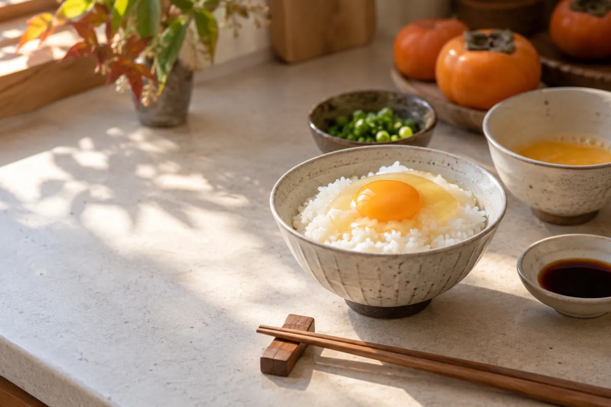 ごはんに卵をかけたたまごかけごはんと薬味