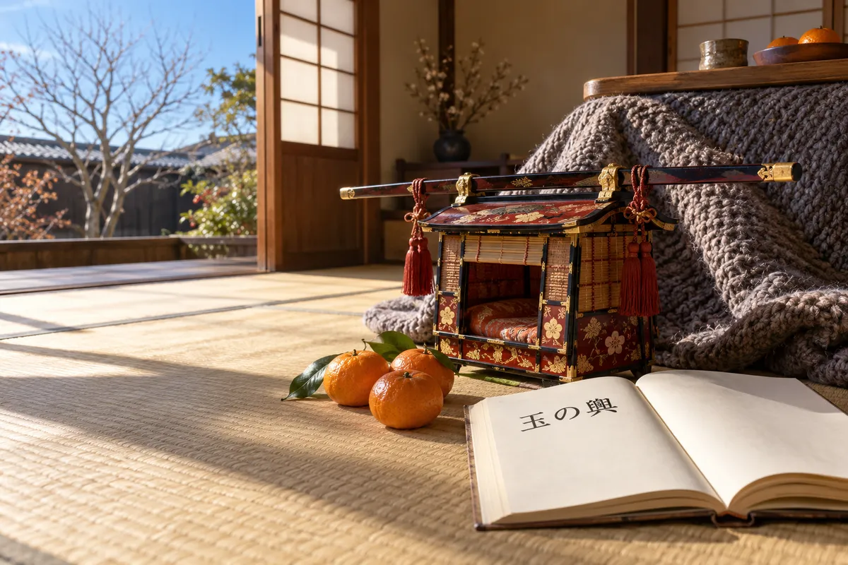 こたつのそばに置かれた小さな輿の模型と辞書