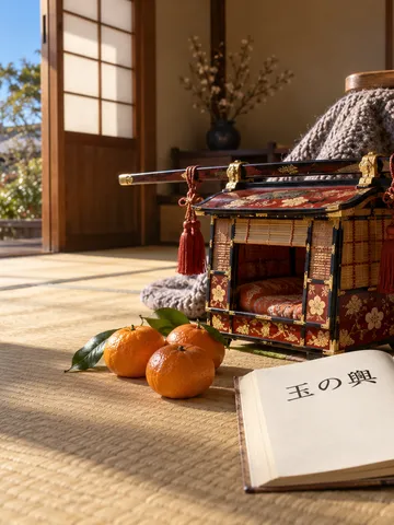 こたつのそばに置かれた小さな輿の模型と辞書