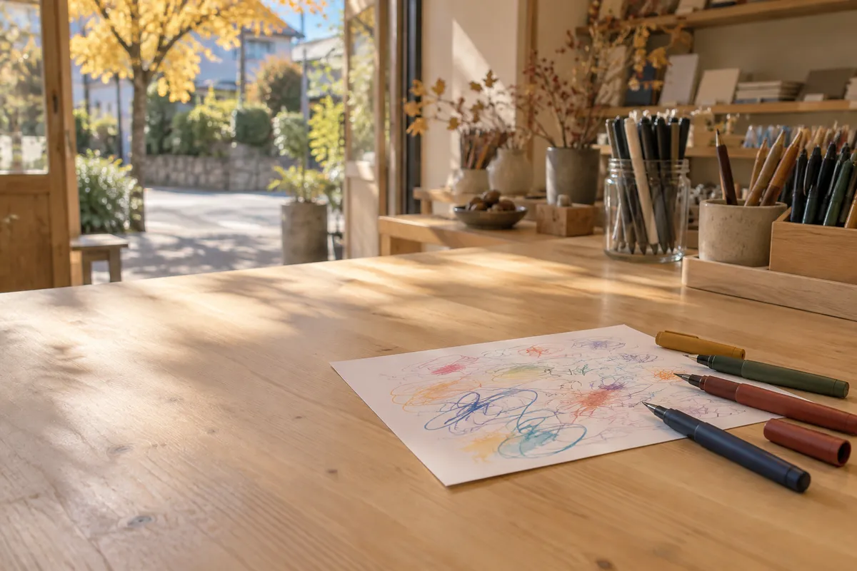 文房具店のカウンターにある試し書き用紙とペン